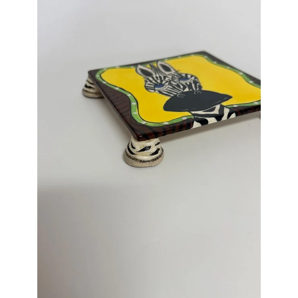 Hand Painted Gianfranco Ferre Ceramic Zebra Trivet Whimsical Animal Kitchen Art